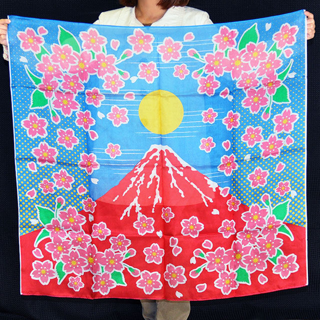 S8533 デザインシルク「赤富士桜」(特上品 Lサイズ）約90cm角