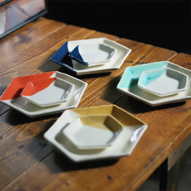 陶器製小皿 3点セット 六角皿3点ペアセット」六角豆皿 + マルチカップ + 取皿セット