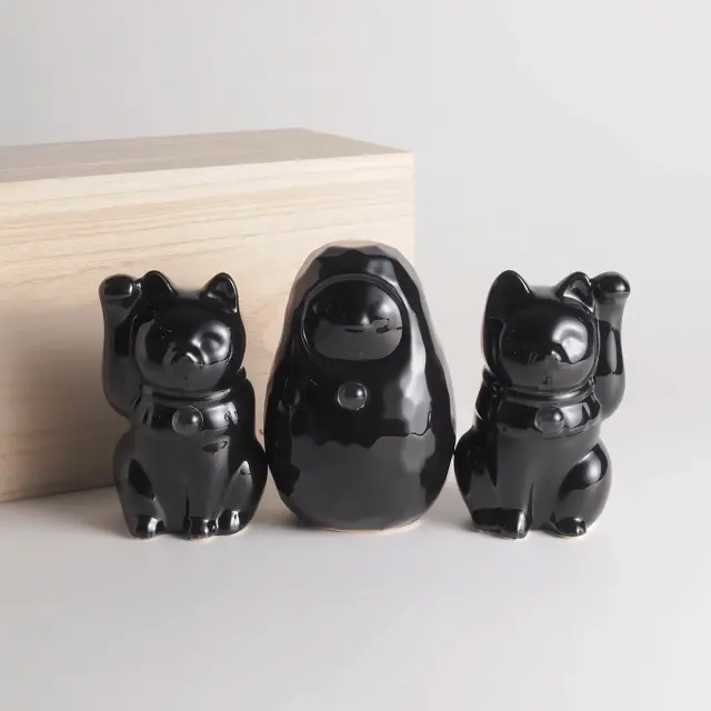 【縁起物×天然石】Jeramic開運招福セット / 招き猫×だるま / 黒 / 3体セット / ギフトボックス付き / 瀬戸焼