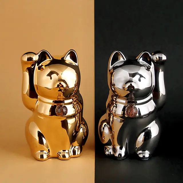 【数量限定】「幸運を招く招き猫×金運を引き寄せるパワーストーン！最強の開運アイテム誕生」Jeramic MANEKINEKO / ゴールド＆プラチナ × ルチルクォーツ / ペアセット / ギフトボックス付き / 瀬戸焼