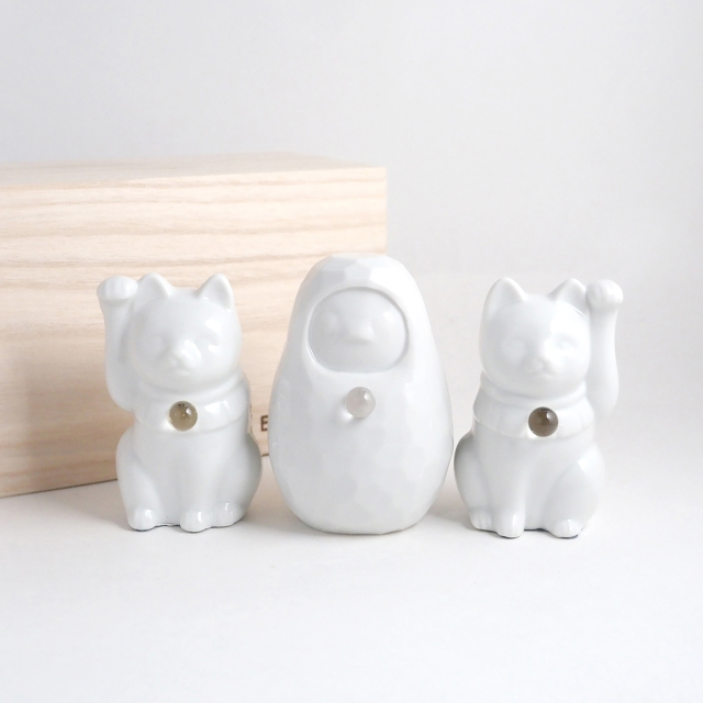 【縁起物×天然石】Jeramic開運招福セット / 招き猫×だるま / 3体セット / ギフトボックス付き / 瀬戸焼