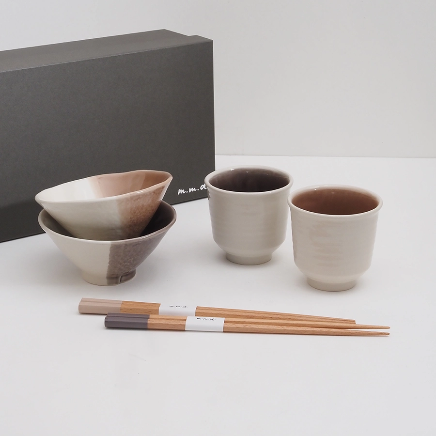 「いつまでも仲良くいてね」てのひら茶碗・すずらん湯呑み・箸のむつみ揃えセット / ギフトボックス&熨斗付き / marriage colors line / 瀬戸焼
