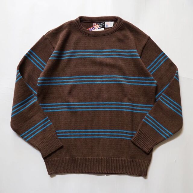 ビンガムトンニッティング BINGHAMTON KNITTING クルーネックコットンニット Narrow Stripe Knit Brown/Turquise