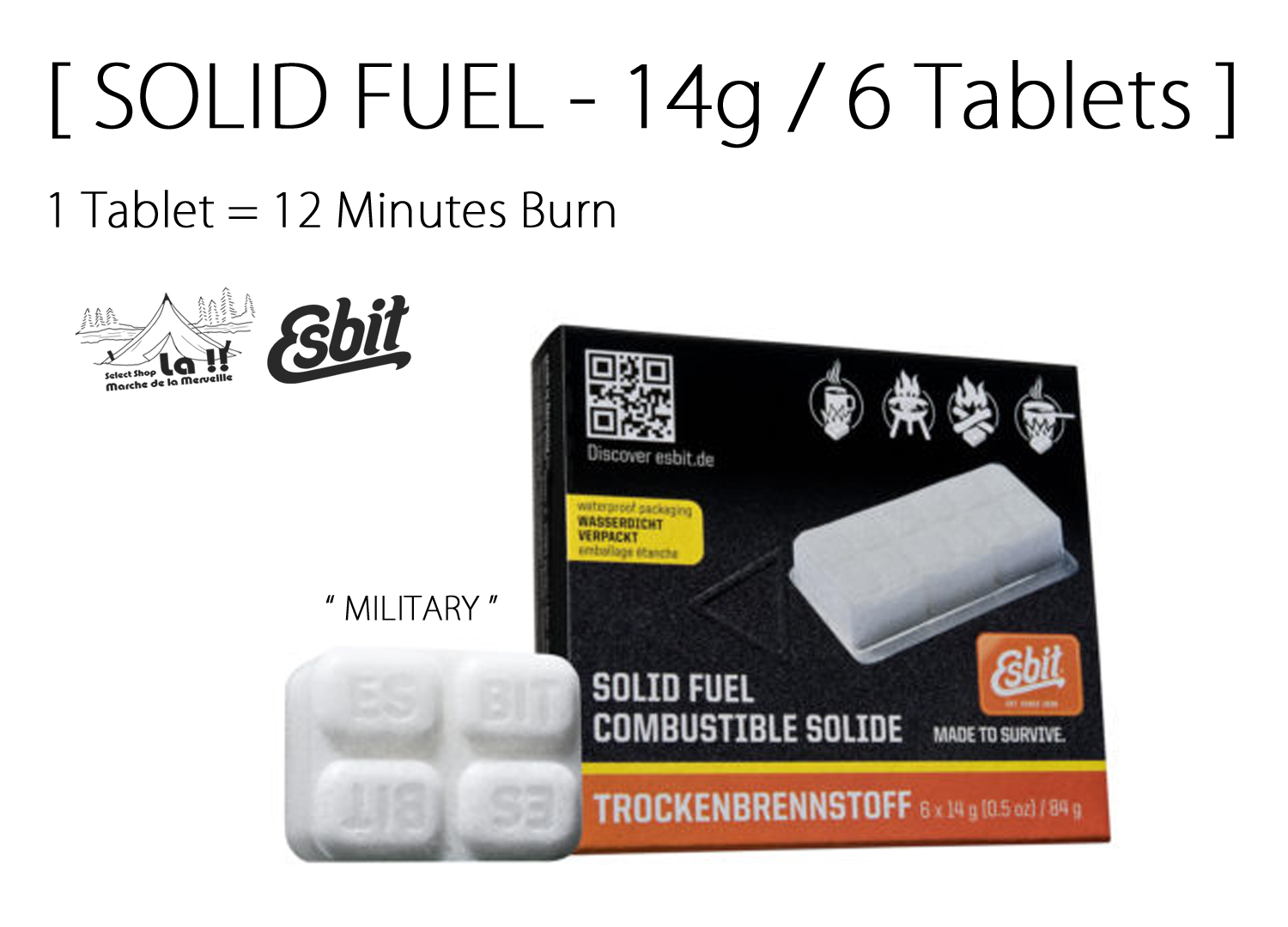 【 ESBIT / エスビット 】Solid Fuel 14g / 6 Tablets " Military / ミリタリー "  - ドイツ製の軽量で気化しない固形燃料