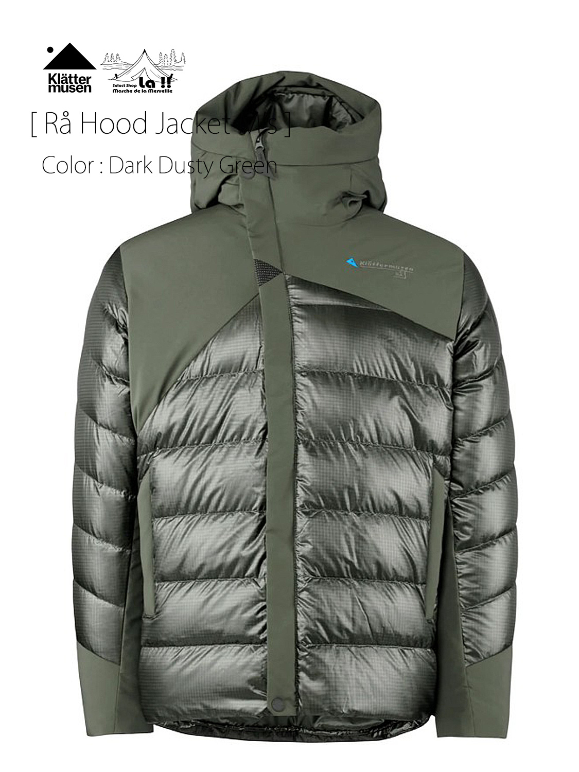 【 KLATTERMUSEN / クレッタルムーセン 】Ra Hood Jacket M’s - Dark Dusty Green / ロー フード ジャケット M's - ダーク ダスティグリーン / 耐久性と保温性に優れた軽量ダウンジャケット
