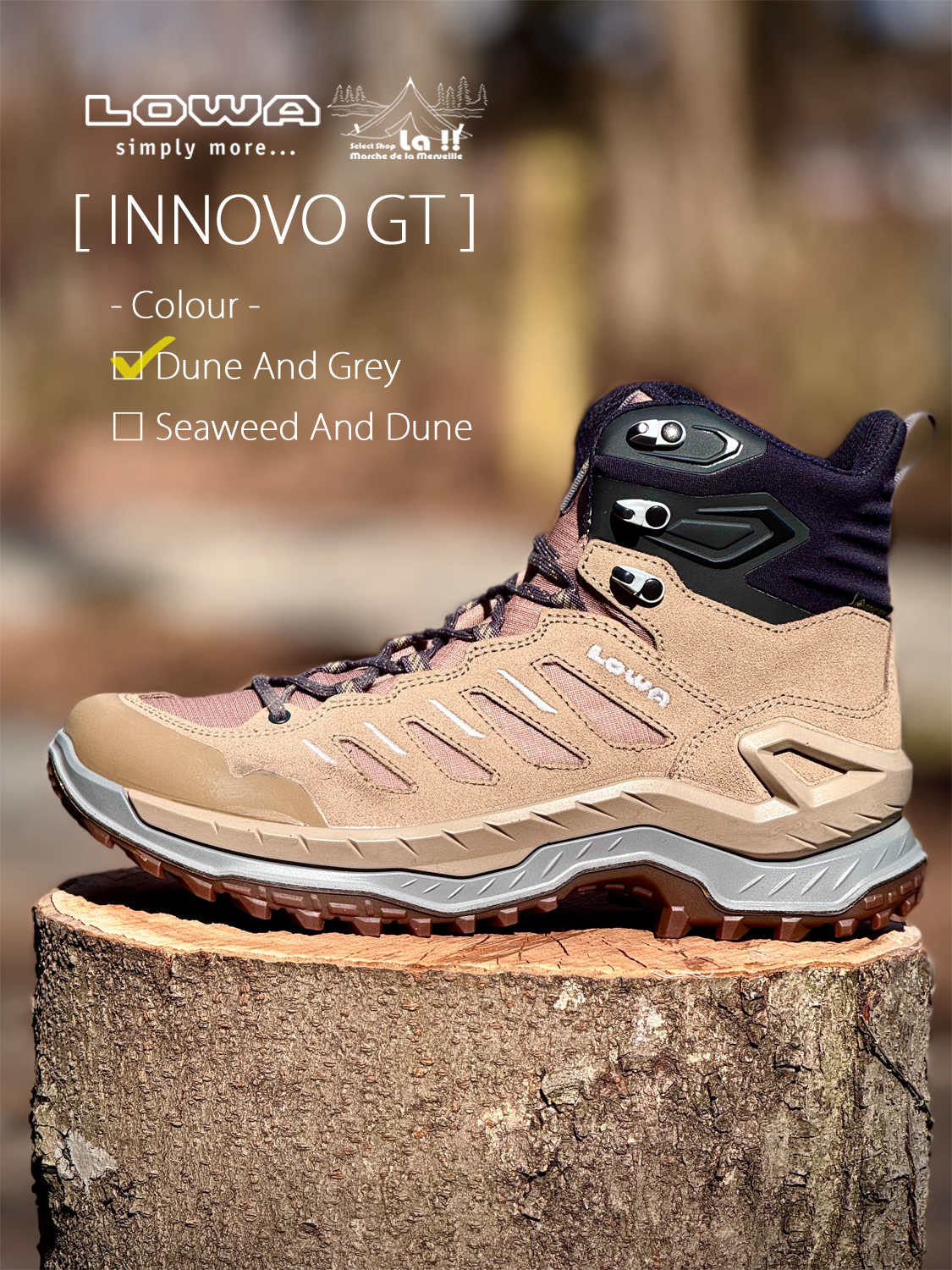 【 LOWA / ローバー 】 INNOVO GT / イノボ GT カラー：デューン / 革新的なサポートフレーム搭載の軽量トレッキングモデル、街履きもOK