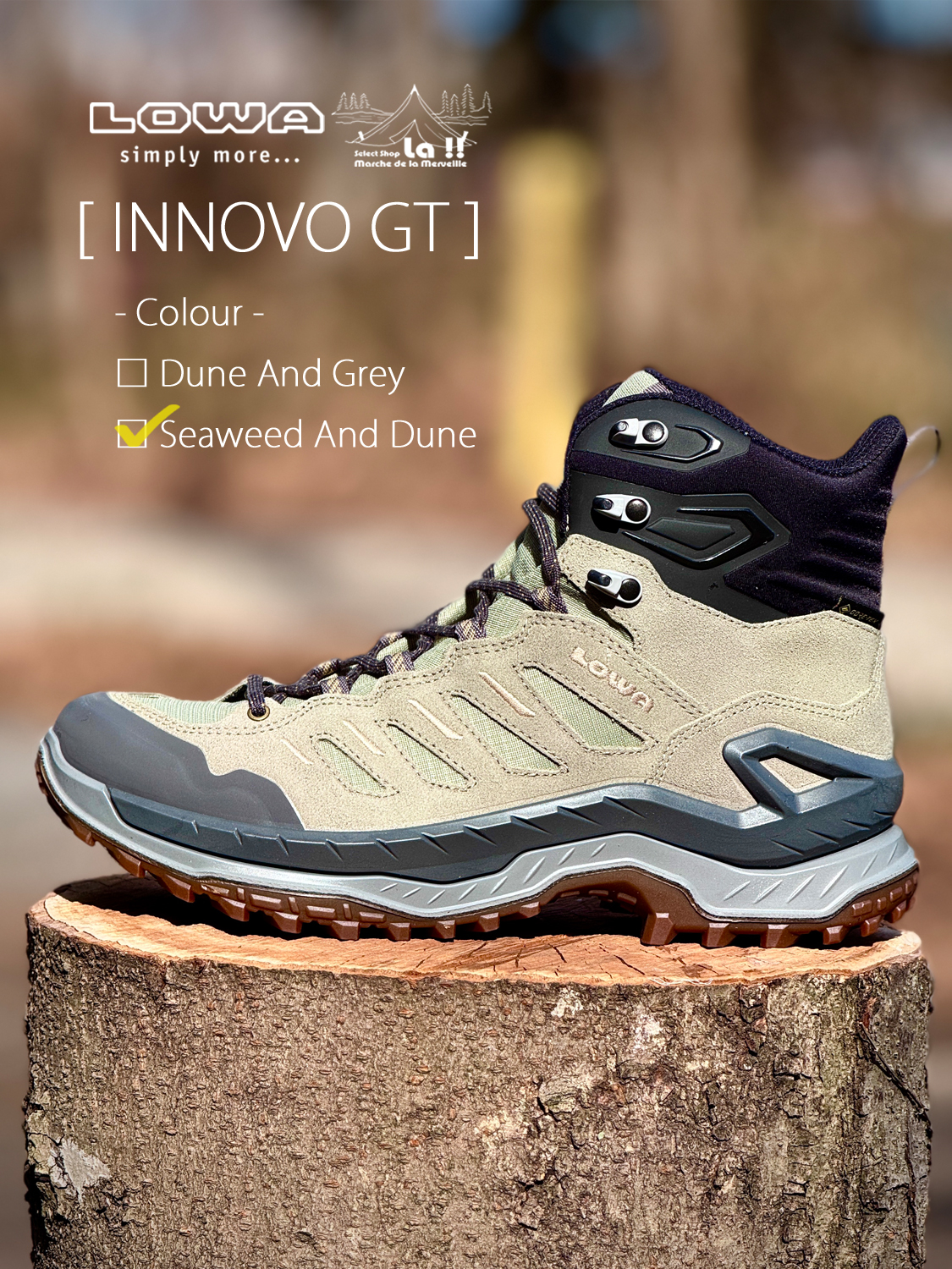 【 LOWA / ローバー 】 INNOVO GT / イノボ GT カラー：シーウィード / 革新的なサポートフレーム搭載の軽量トレッキングモデル、街履きもOK