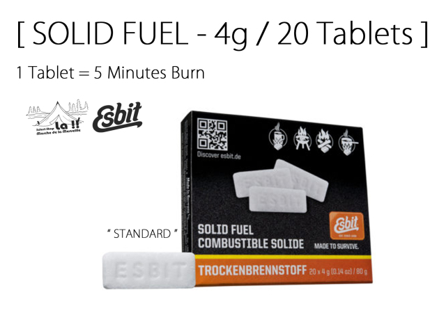 【 ESBIT / エスビット 】Solid Fuel 4g / 20 Tablets " Standard / スタンダード "  - ドイツ製の軽量で気化しない固形燃料