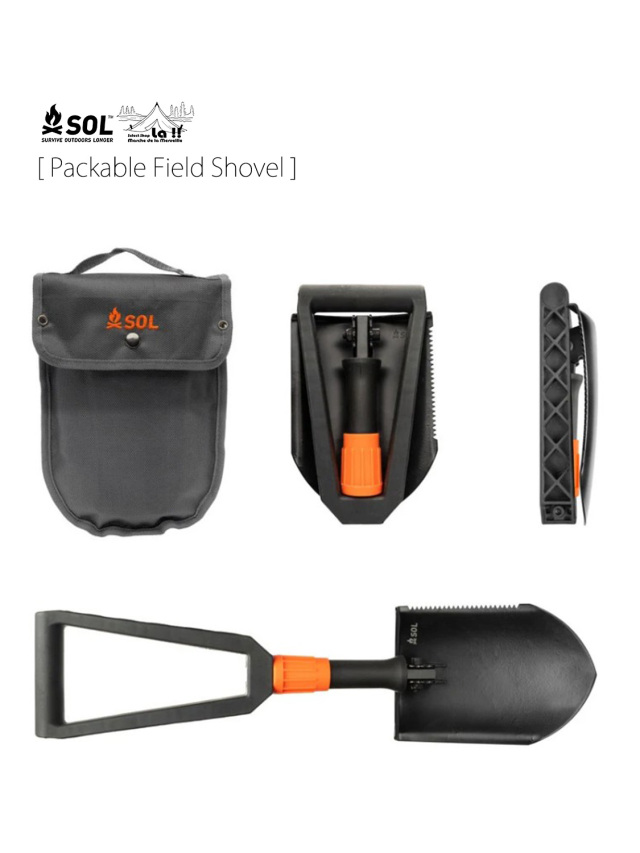 【 SOL / エスオーエル 】Packable Field Shovel / パッカブル フィールド ショベル / 3フォールディングシステムの炭素鋼ショベル