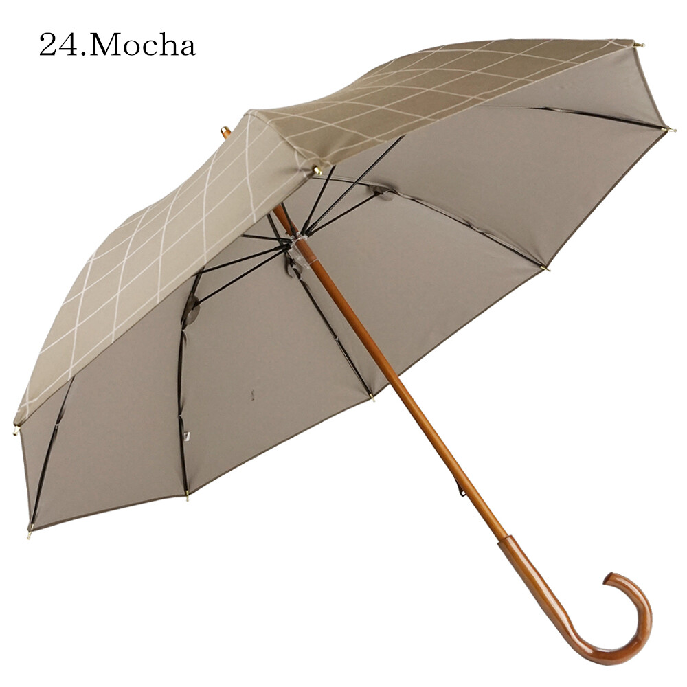 【日傘】完全遮光 チェック柄 木製ハンドルパラソル 長傘 モカ パラソル 遮光率100％ UV遮蔽率100％ 木棒 木手元 紫外線カット UVカット遮熱 熱中症対策 HM4S7472-12 Paraffi（パラフィー）