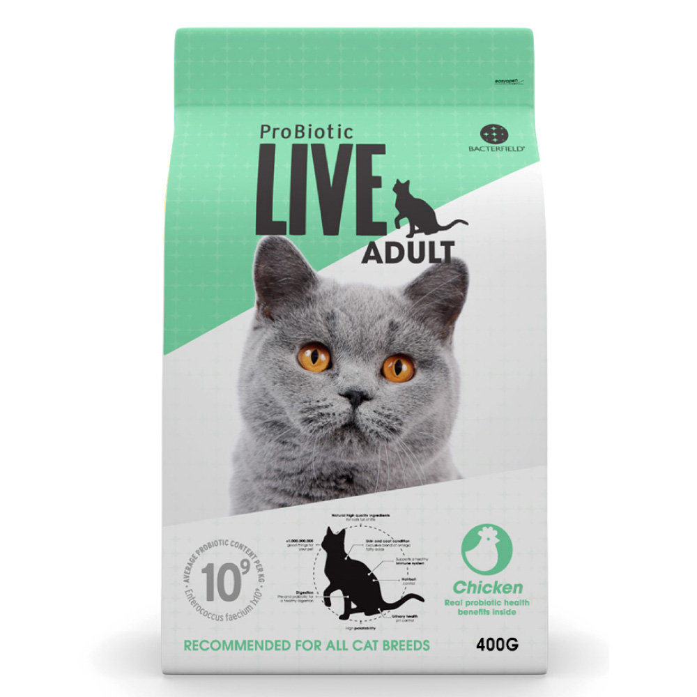 【再入荷しました！】ProBiotic LIVE 成猫用 チキン400g 特許取得 機能性スーパープレミアムキャットフード プロバイオティック ライブ 生きた善玉細菌配合 無添加原料 BACTERFIELD
