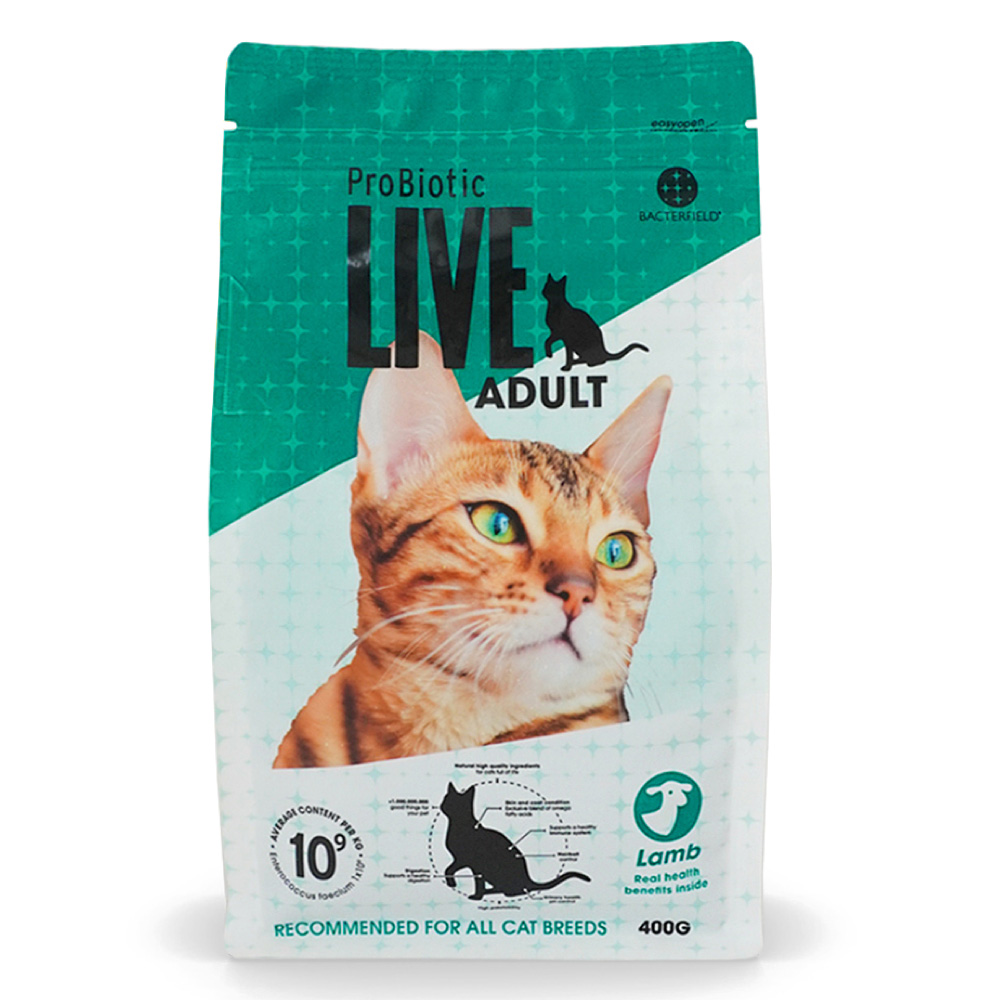 【再入荷しました！】ProBiotic LIVE 成猫用 ラム400g 特許取得 機能性スーパープレミアムキャットフード プロバイオティック ライブ 生きた善玉細菌配合 無添加原料 BACTERFIELD