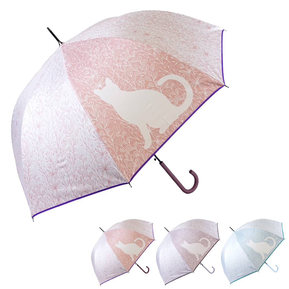 晴雨兼用傘 ジャンプ傘 レディース 草木ネコ柄 ブラックコーティング