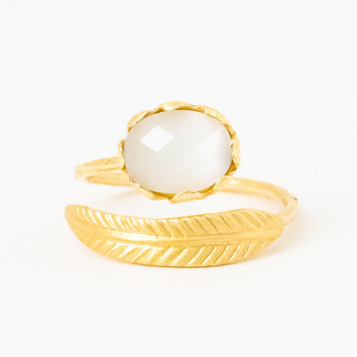 MESH オープンリング フェザーストーン(ホワイト)  シルバー925 18Kゴールドコート フォークリング  指輪 ポルトガル