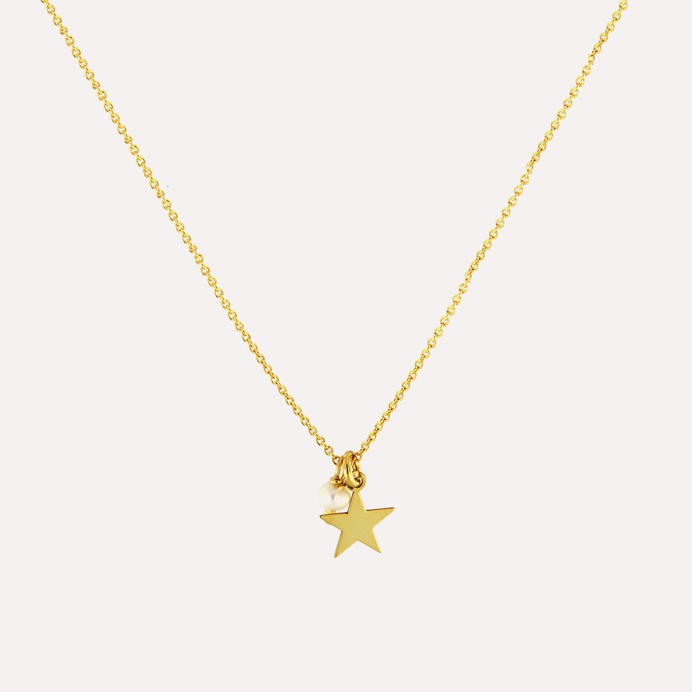 MESH スター＆パールペンダント 最長43cm 18Kゴールドコート シルバー925 ポルトガル直輸入 COL0014 Gold Necklace