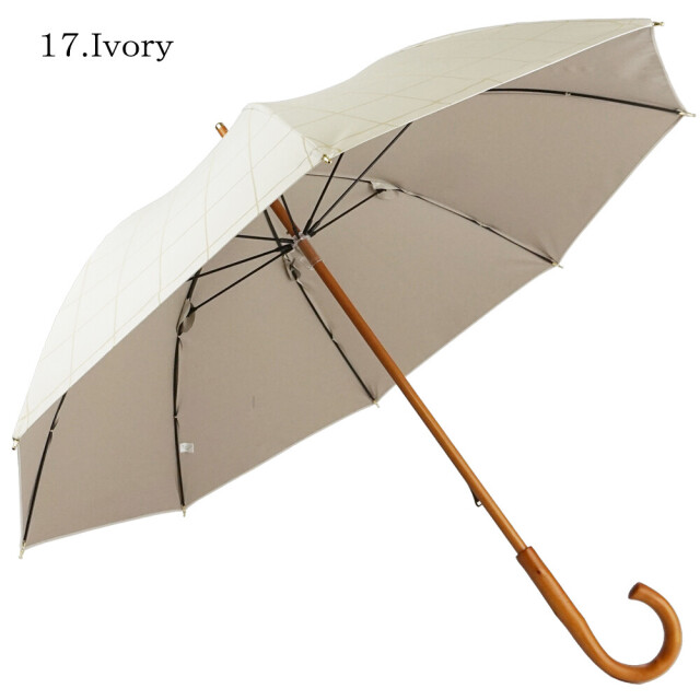 【日傘】完全遮光 チェック柄 木製ハンドルパラソル 長傘 アイボリー パラソル 遮光率100％ UV遮蔽率100％ 木棒 木手元 紫外線カット UVカット遮熱 熱中症対策 HM4S7472-12 Paraffi（パラフィー）