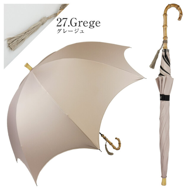 【晴雨兼用傘】　グログランテープ留め紐 タッセル付き無地手開き長傘 グレージュ 日傘 UVカット 熱中症対策 HM3L7451-11 Lune jumelle （ルナ・ ジュメイル）