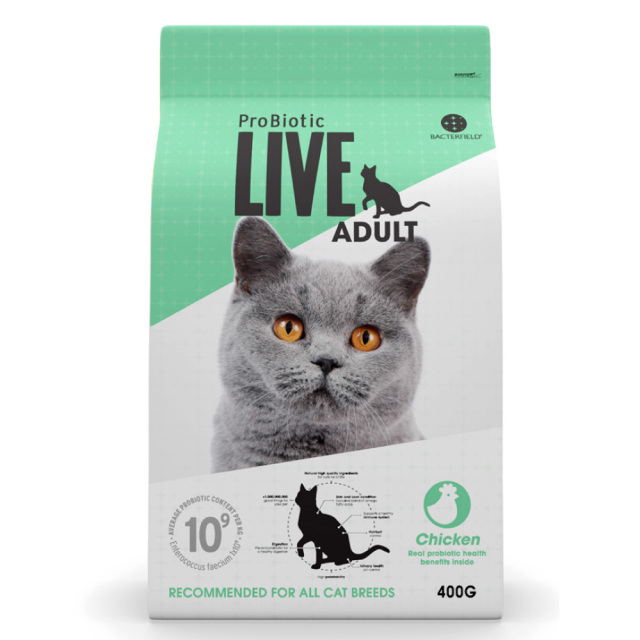 【再入荷しました！】ProBiotic LIVE 成猫用 チキン400g 特許取得 機能性スーパープレミアムキャットフード プロバイオティック ライブ 生きた善玉細菌配合 無添加原料 BACTERFIELD