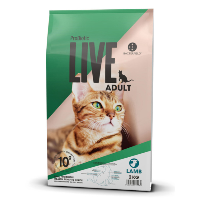 【再入荷しました！】ProBiotic LIVE 成猫用 ラム2kg 特許取得 機能性スーパープレミアムキャットフード プロバイオティック ライブ 生きた善玉細菌配合 無添加原料 BACTERFIELD