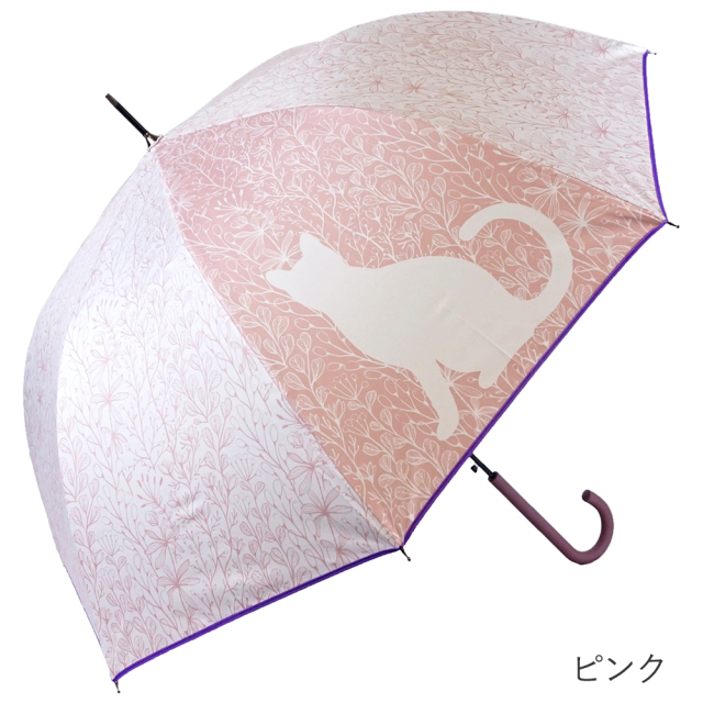 晴雨兼用傘 ジャンプ傘 レディース 草木ネコ柄 ピンク ブラックコーティング UVカット Lune jumelle ルナ・ジュメール