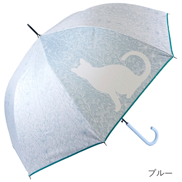 晴雨兼用傘 ジャンプ傘 レディース 草木ネコ柄 ブルー ブラックコーティング UVカット Lune jumelle ルナ・ジュメール