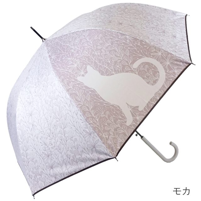 晴雨兼用傘 ジャンプ傘 レディース 草木ネコ柄 モカ ブラックコーティング UVカット Lune jumelle ルナ・ジュメール