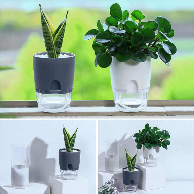 セルフ給水プランター 4個セット(グレー) フラワーポット 給水ポット プラスチック 植木鉢 底面給水 自動 屋内 観葉植物・花・ハーブ・多肉植物など