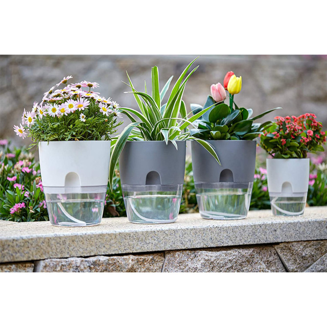 セルフ給水プランター 4個セット(白・グレー) フラワーポット プラスチック 植木鉢 底面給水 自動 屋内 観葉植物・花・ハーブ・多肉植物