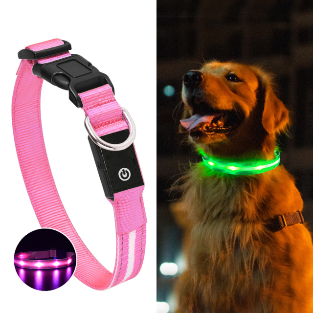 犬 光る首輪 LED点滅 ピンク S～L ペット 夜間散歩 ライト USB充電