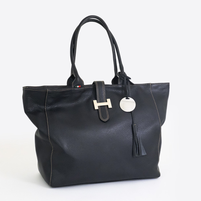 Bellini 本革 ハンドバッグ ヴァルデルササッチェル ボタンを外して広げたイメージ ブラック イタリア製 FH03ANM