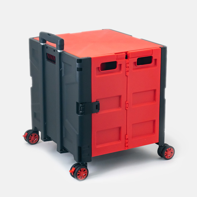 折りたたみコンテナキャリーカート 背面 (レッド＆ブラック) 48L 4輪式 アウトドア・ショッピング FW548