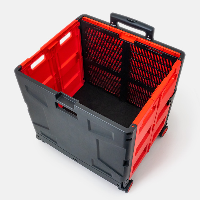 折りたたみコンテナキャリーカート 上から見た内側 (レッド＆ブラック) 48L 4輪式 アウトドア・ショッピング FW548