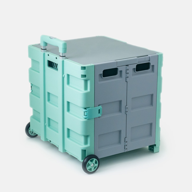 折りたたみコンテナキャリーカート 背面 (グリーン＆グレー) 48L 2輪式 アウトドア・ショッピング FW548