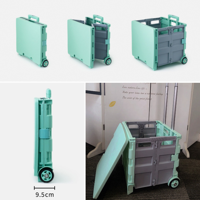 折りたたみコンテナキャリーカート カートを展開するイメージ (グリーン＆ブラック) 50L 2輪式 アウトドア・ショッピング E250G2L