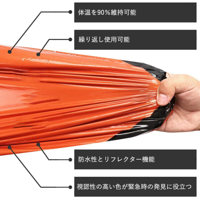 緊急用寝袋 アウトドア サバイバルシート キャンプ アルミシート 防災用品 防寒 保湿 生地の特徴