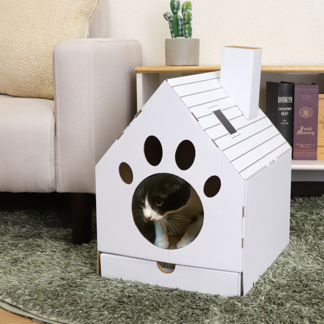 猫 キャットハウス 爪とぎ付き ホワイト 組み立て簡単 ステッカー付 東洋ケース