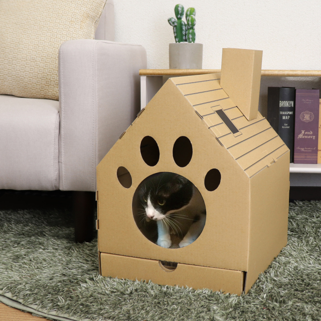 猫 キャットハウス 爪とぎ付き ブラウン 組み立て簡単 ステッカー付 東洋ケース