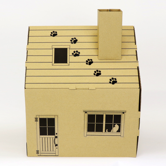 猫 キャットハウス 爪とぎ付き ブラウン 組み立て簡単 ステッカー付 東洋ケース 側面