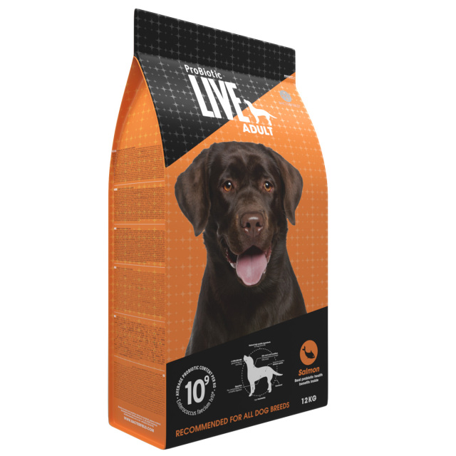 ProBiotic LIVE 成犬用 サーモン12kg 全犬種 プロバイオティック ライブ ドッグフード パッケージ立体イメージ BACTERFIELD