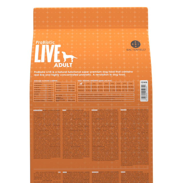 ProBiotic LIVE 成犬用 サーモン12kg 全犬種 プロバイオティック ライブ ドッグフード裏面 成分・給餌表 BACTERFIELD