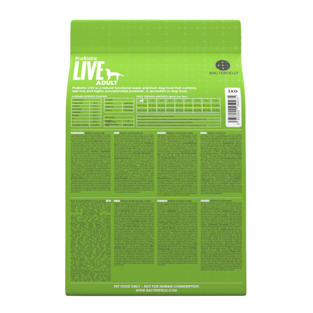 ProBiotic LIVE ラム3kg 全犬種 成犬用 プロバイオティック ライブ ドッグフード裏面 BACTERFIELD