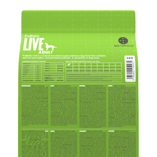 ProBiotic LIVE ラム3kg 全犬種 成犬用 プロバイオティック ライブ ドッグフード裏面 成分・給餌表 BACTERFIELD
