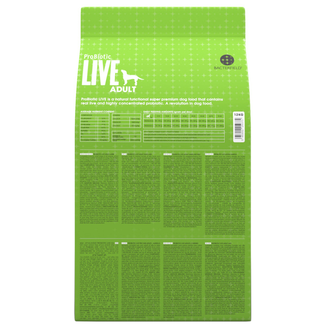 ProBiotic LIVE ラム12kg 全犬種 成犬用 プロバイオティック ライブ ドッグフード パッケージ裏面 BACTERFIELD