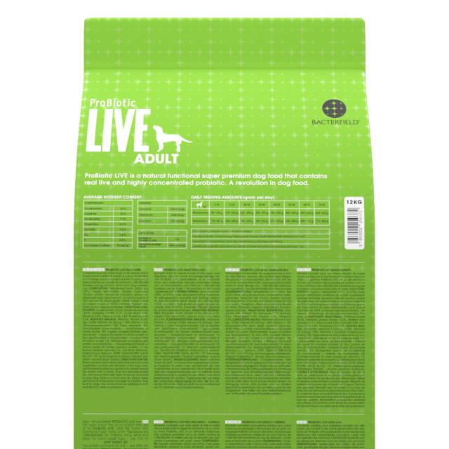 ProBiotic LIVE ラム12kg 全犬種 成犬用 プロバイオティック ライブ ドッグフード裏面 成分・給餌表 BACTERFIELD