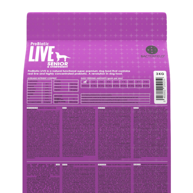 ProBiotic LIVE チキン3kg 高齢・シニア犬・減量用・太り気味 プロバイオティック ライブ ドッグフード裏面 成分・給餌表 BACTERFIELD