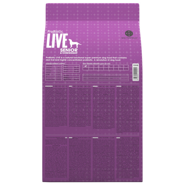 ProBiotic LIVE チキン12kg 高齢・シニア犬・減量用・太り気味 プロバイオティック ライブ ドッグフード パッケージ裏面 BACTERFIELD
