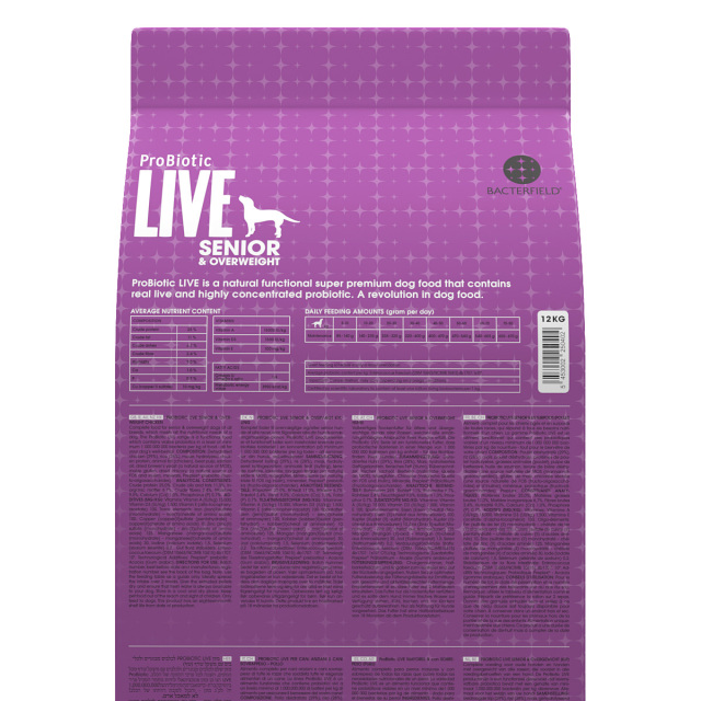 ProBiotic LIVE チキン12kg 高齢・シニア犬・減量用・太り気味 プロバイオティック ライブ ドッグフード裏面 成分・給餌表 BACTERFIELD