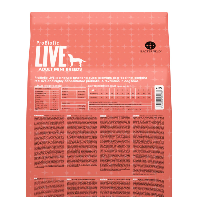 ProBiotic LIVE サーモン2kg 小型犬用 成犬用 プロバイオティック ライブ ドッグフード裏面 成分・給餌表 BACTERFIELD