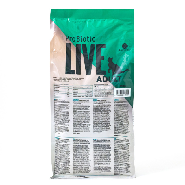 ProBiotic LIVE 成猫用 ラム2kg 裏面 給餌表・栄養成分表示 プロバイオティック ライブ キャットフード BACTERFIELD