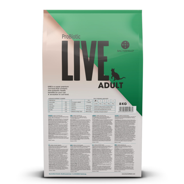 ProBiotic LIVE 成猫用 ラム8kg 裏面 給餌表・栄養成分表示 プロバイオティック ライブ キャットフード BACTERFIELD